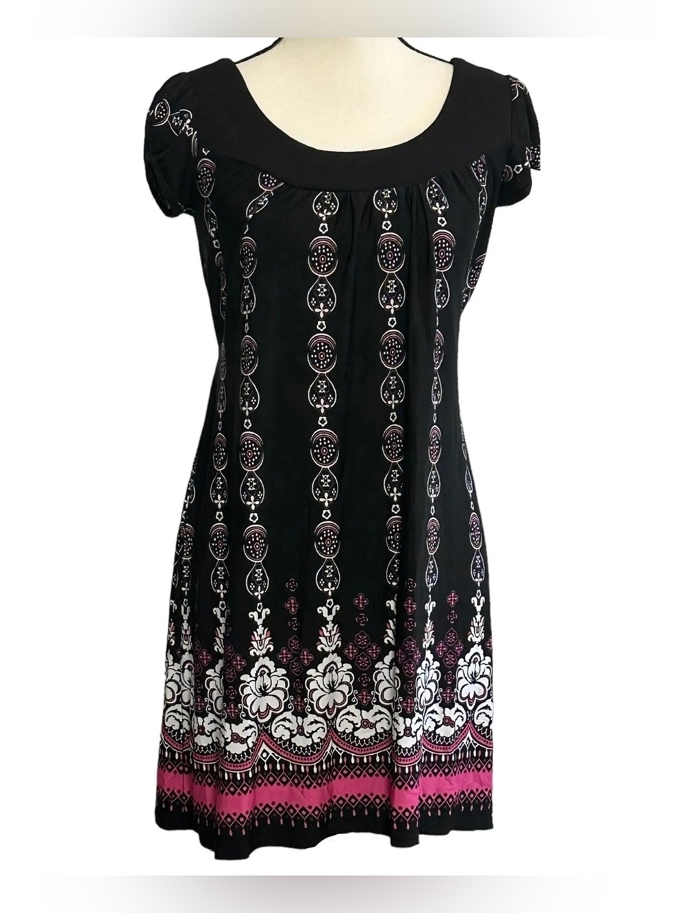My Michelle size medium Black Dress with Pink & White Border Print